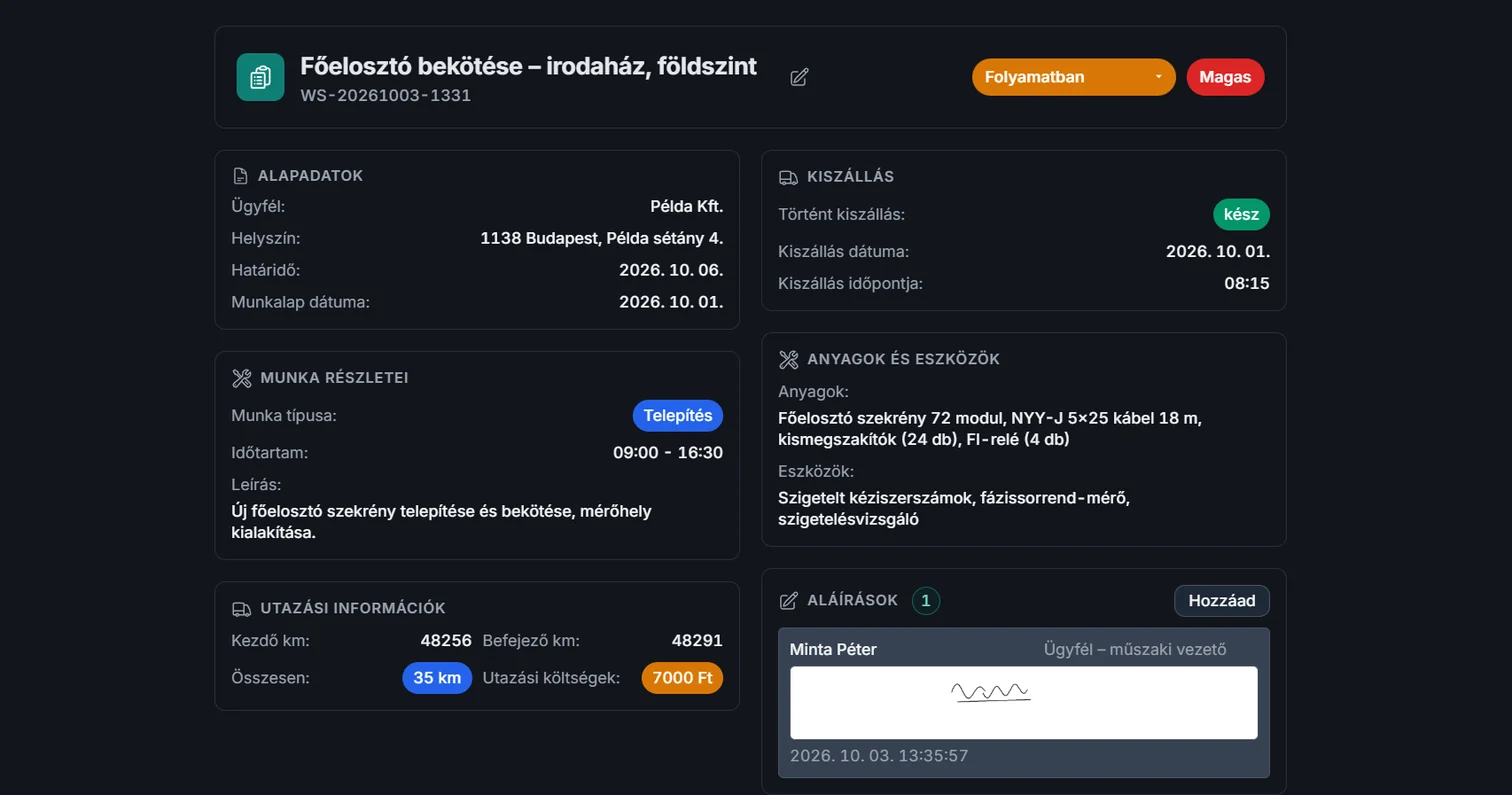 YouCRM raktár – Munkalap adatlap