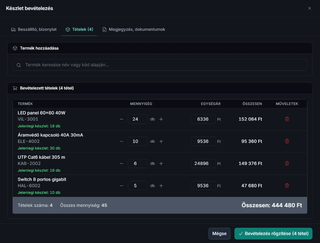 YouCRM raktár – Bevételezés